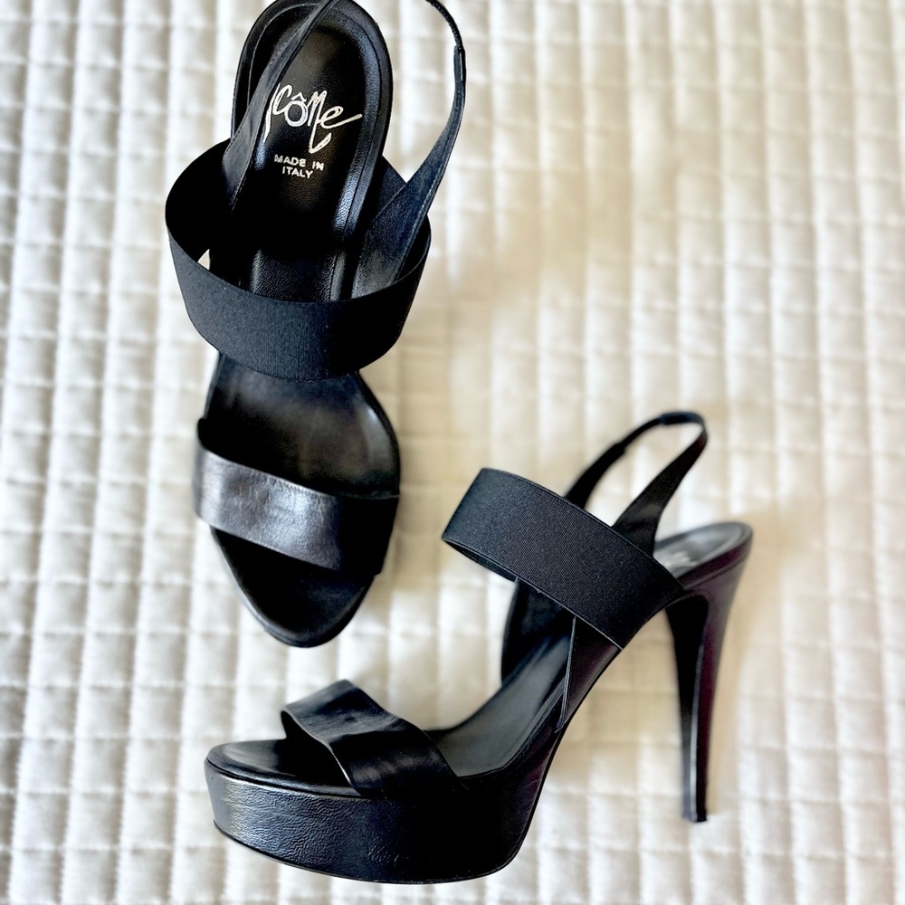Icone Italian Leather Platform Strap Black Heels